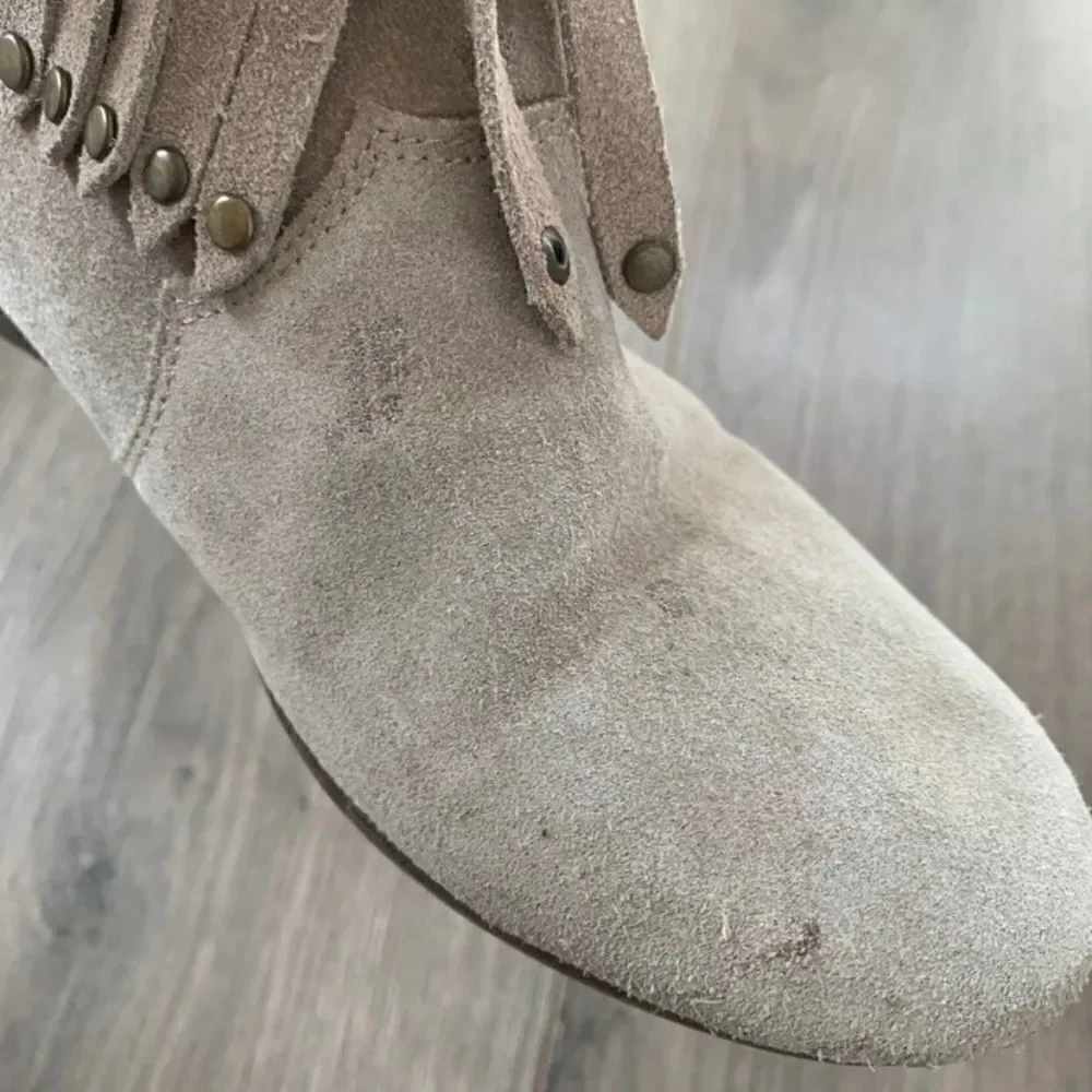 Anine Bing Suede Fringe Ankle Boots Studded Western Boho Taupe EU 37/ US 7